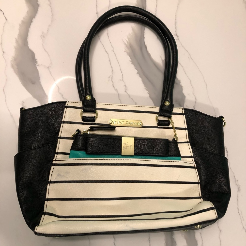 Betsey Johnson Black/White Hidden Treasure Satchel with Green Mini Purse
